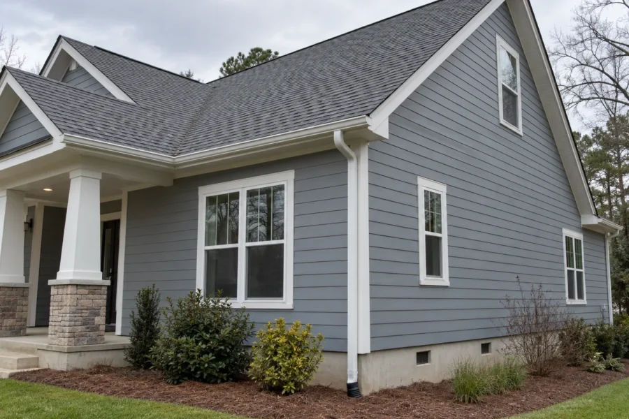 A close view of a grey sided house showing the roofline, gutters, and foundation planting
