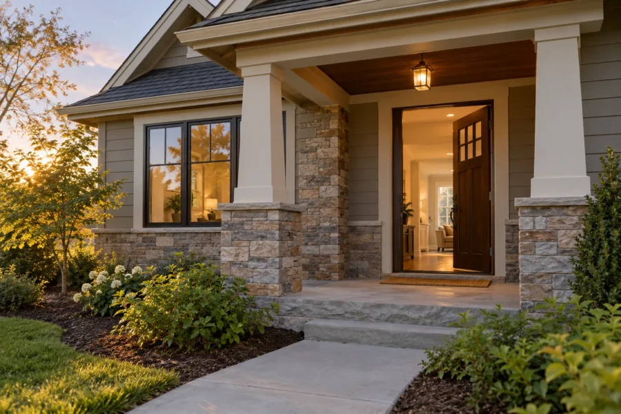 A house exterior at dusk with the front door standing open and the porch light on, stone and siding, with a planted bed along the walk