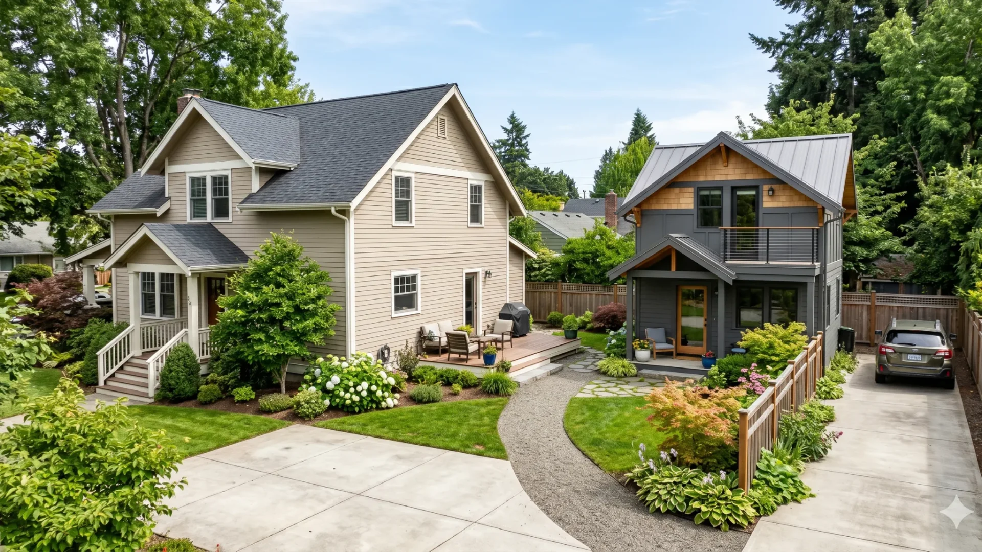 A house with a modern accessory dwelling built in the back garden