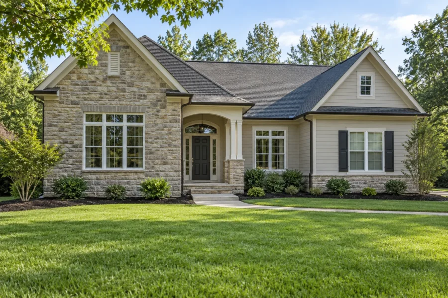 A stone and siding house being readied for sale, with fresh dark mulch in cut beds, a clean swept front walk and a neatly mown lawn, and nothing else in the garden