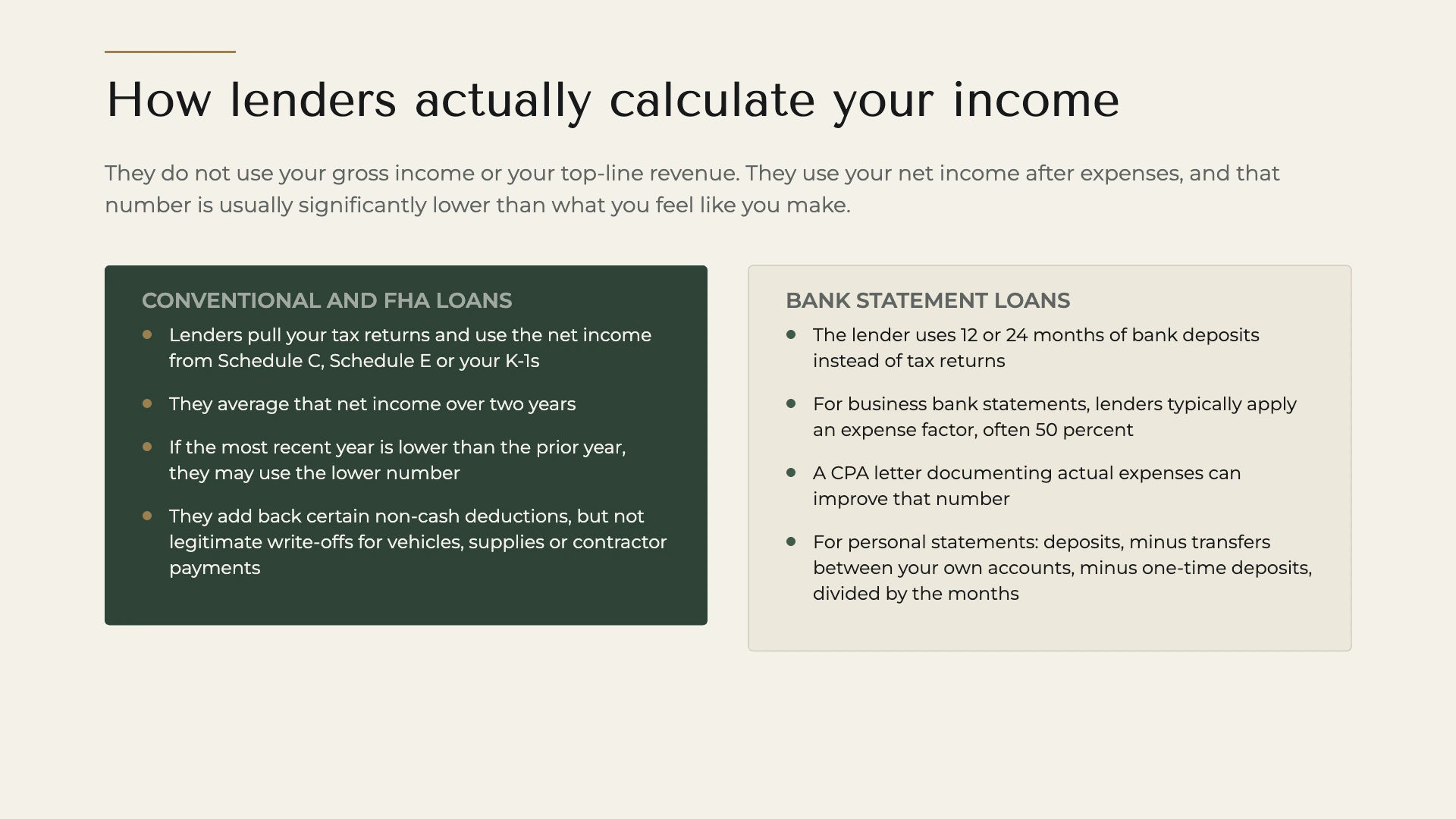A deterministic editorial comparison of how lenders calculate self-employed income, setting the tax return and two year averaging method used for conventional and FHA loans beside the bank deposit and expense factor method used for bank statement loans