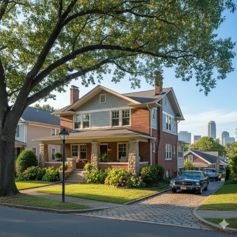 Brick foursquare with a deep porch on a street with the skyline behind