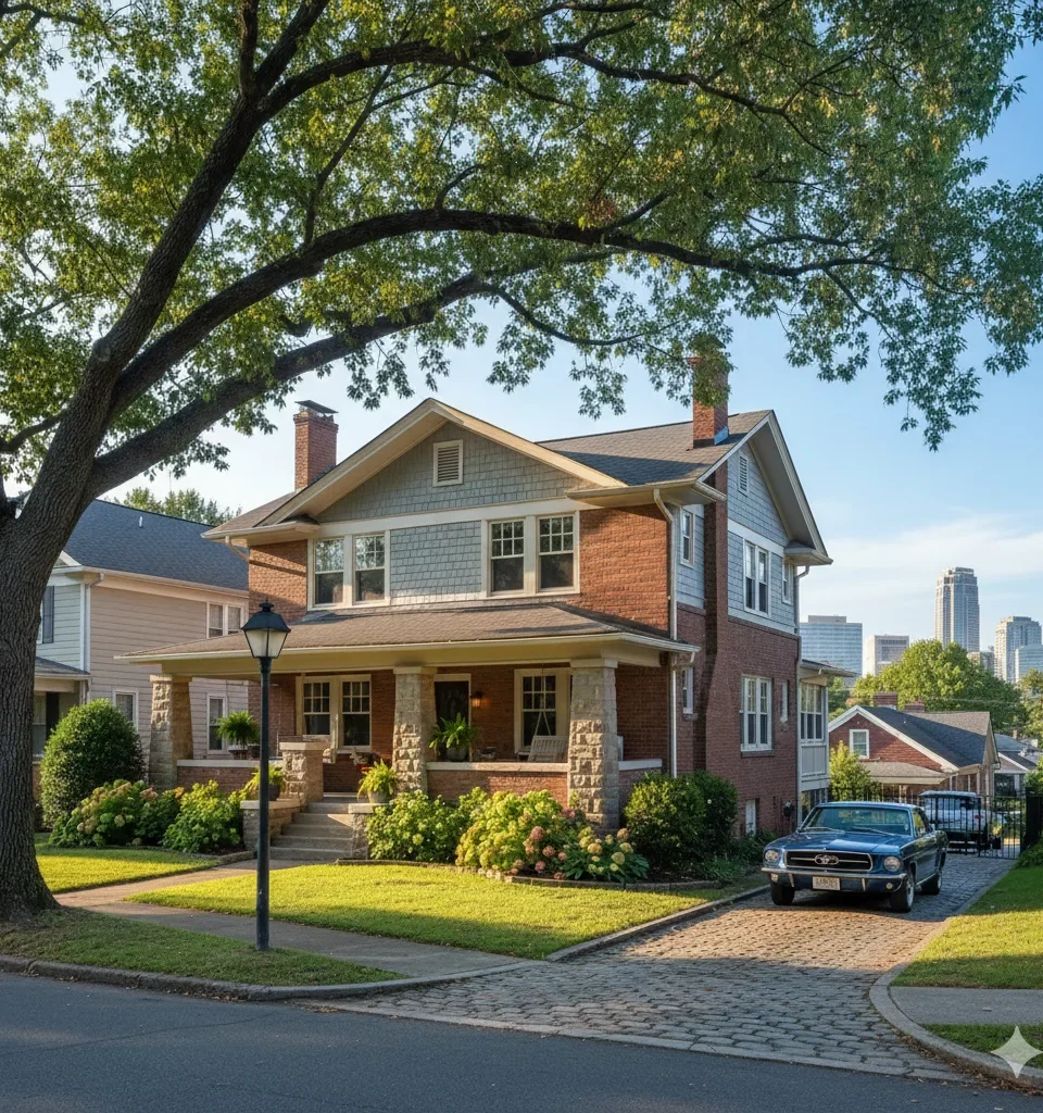 Brick foursquare with a deep porch on a street with the skyline behind