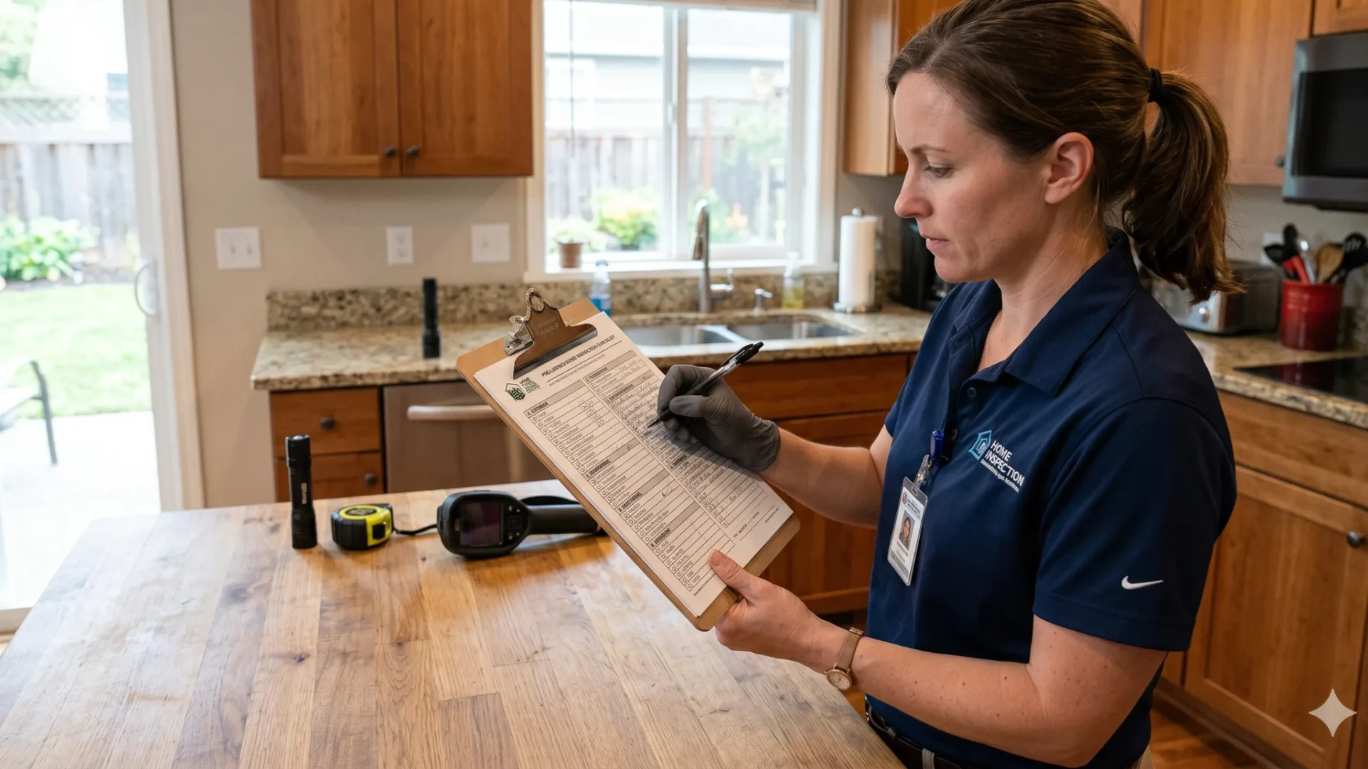 An inspector standing in a kitchen writing on a clipboard