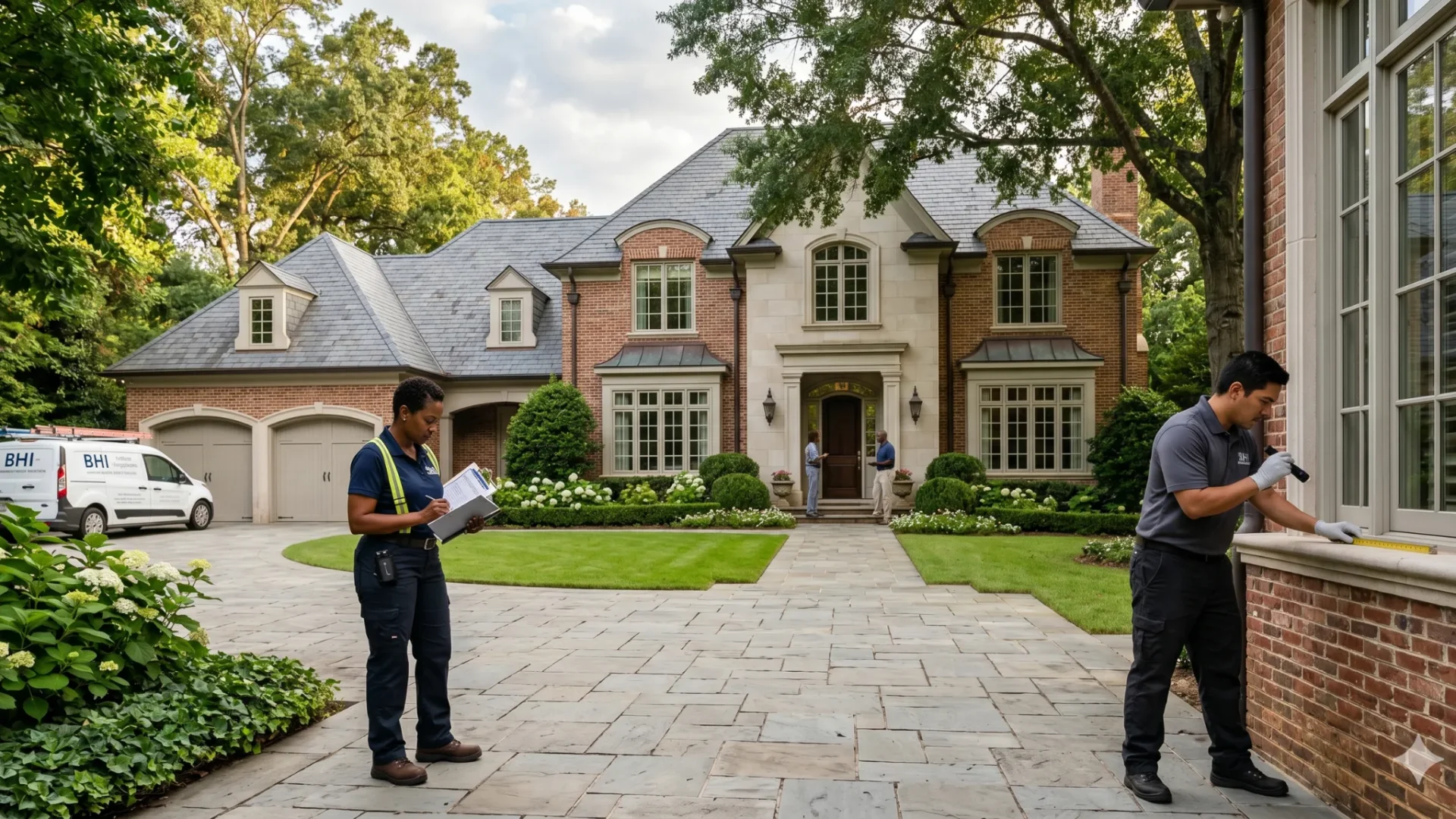 Two inspectors working outside a large brick house with a van in the drive