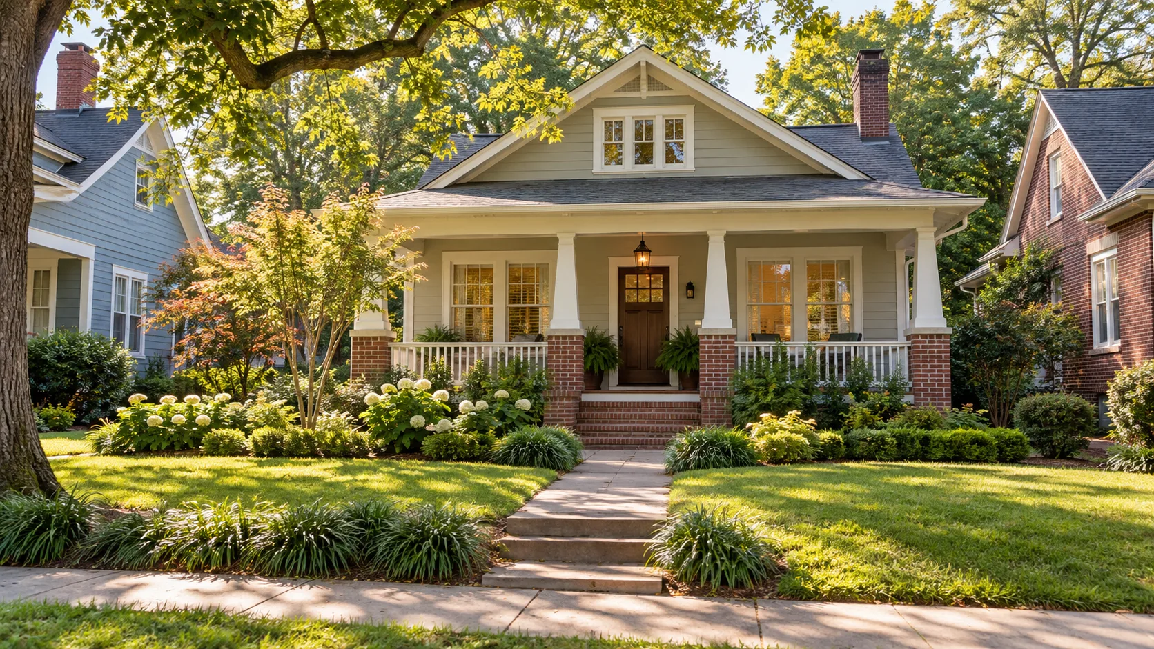 A well kept older intown bungalow with a columned front porch and brick chimney, framed by mature trees with neighbouring houses at the edges of the frame
