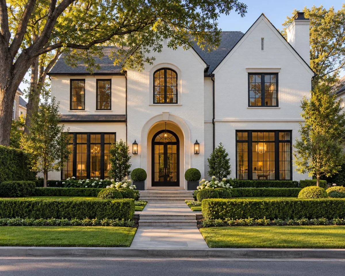 A substantial intown house in white painted brick with dark window frames, standing above clipped box hedging and a paved front walk in late afternoon light