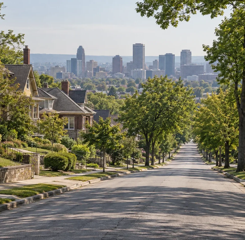 An intown Atlanta residential street rising toward a distant skyline, with mature trees along both sides