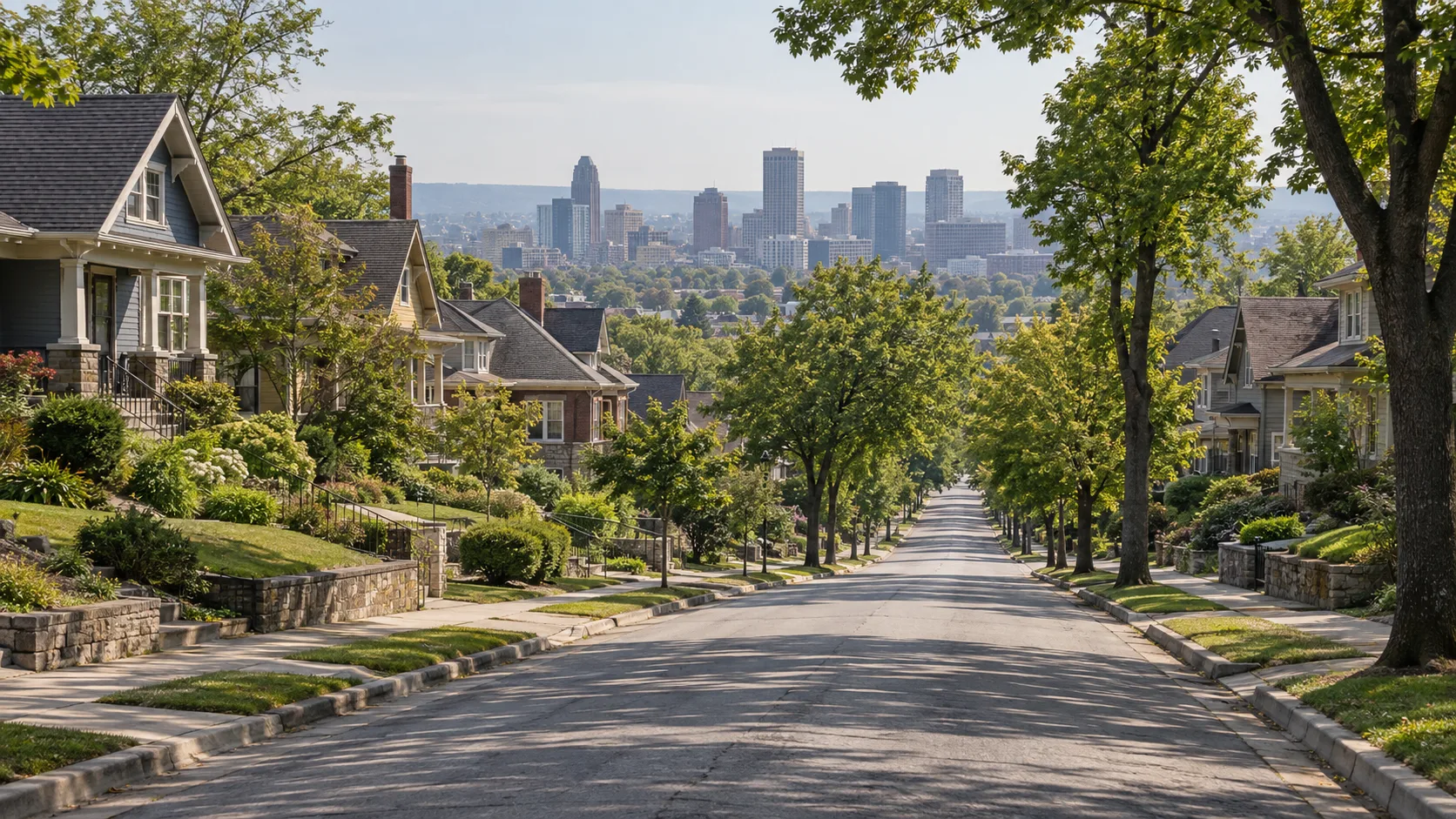 A tree lined intown residential street of older houses falling away down a rise with the towers of a distant city skyline on the horizon