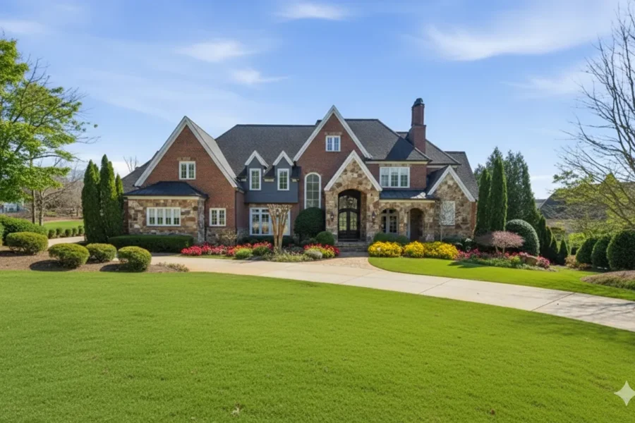 Brick and stone estate with a long lawn and a lake beyond