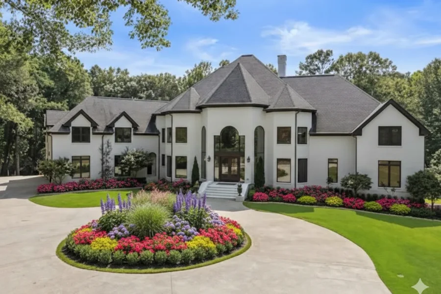 White and dark house with a semi-circular drive and a ring of annuals
