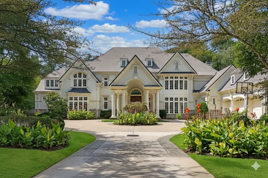 Stone and stucco estate with an arched entry and a circular drive