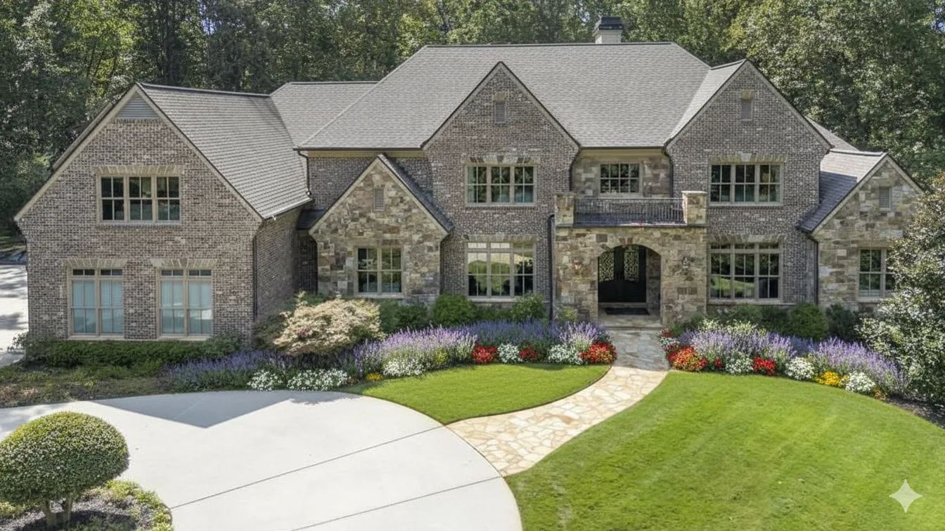 Grey stone and stucco estate with clipped topiary along a curved drive