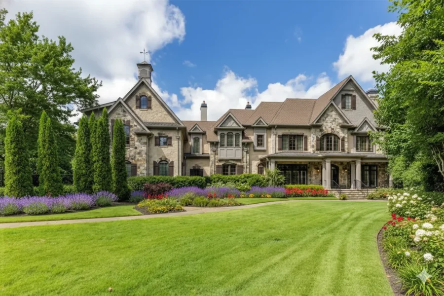 Stone and brick estate with a tower bay and tall cypress