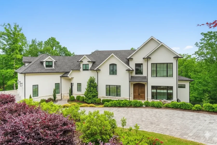 White brick estate with a dark roof and a paver motor court