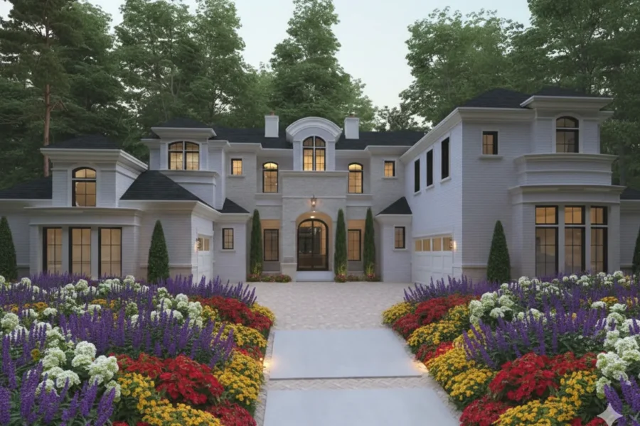 White stone estate lit at dusk with formal beds and a straight walk
