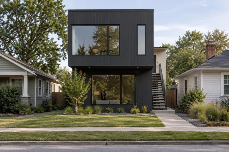 A dark clad modern infill house with a cantilevered upper floor and an exterior side stair, standing between older single storey houses on a tight intown lot