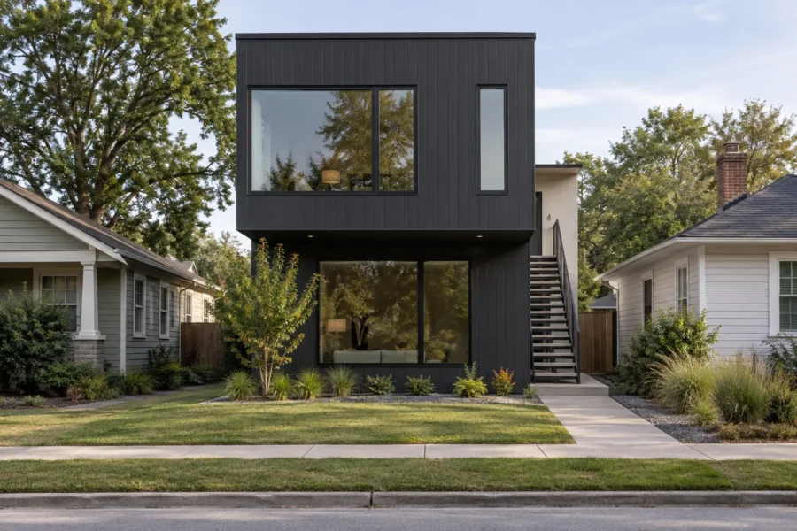 A dark clad modern infill house with a cantilevered upper floor and an exterior side stair, standing between older single storey houses on a tight intown lot