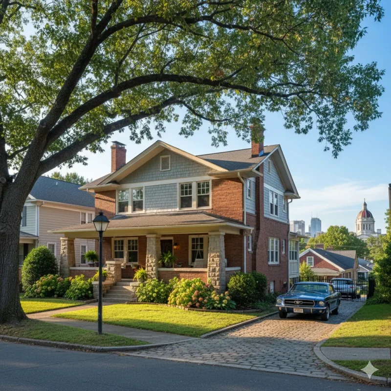 Brick and shingle foursquare with a deep porch and a classic car at the kerb