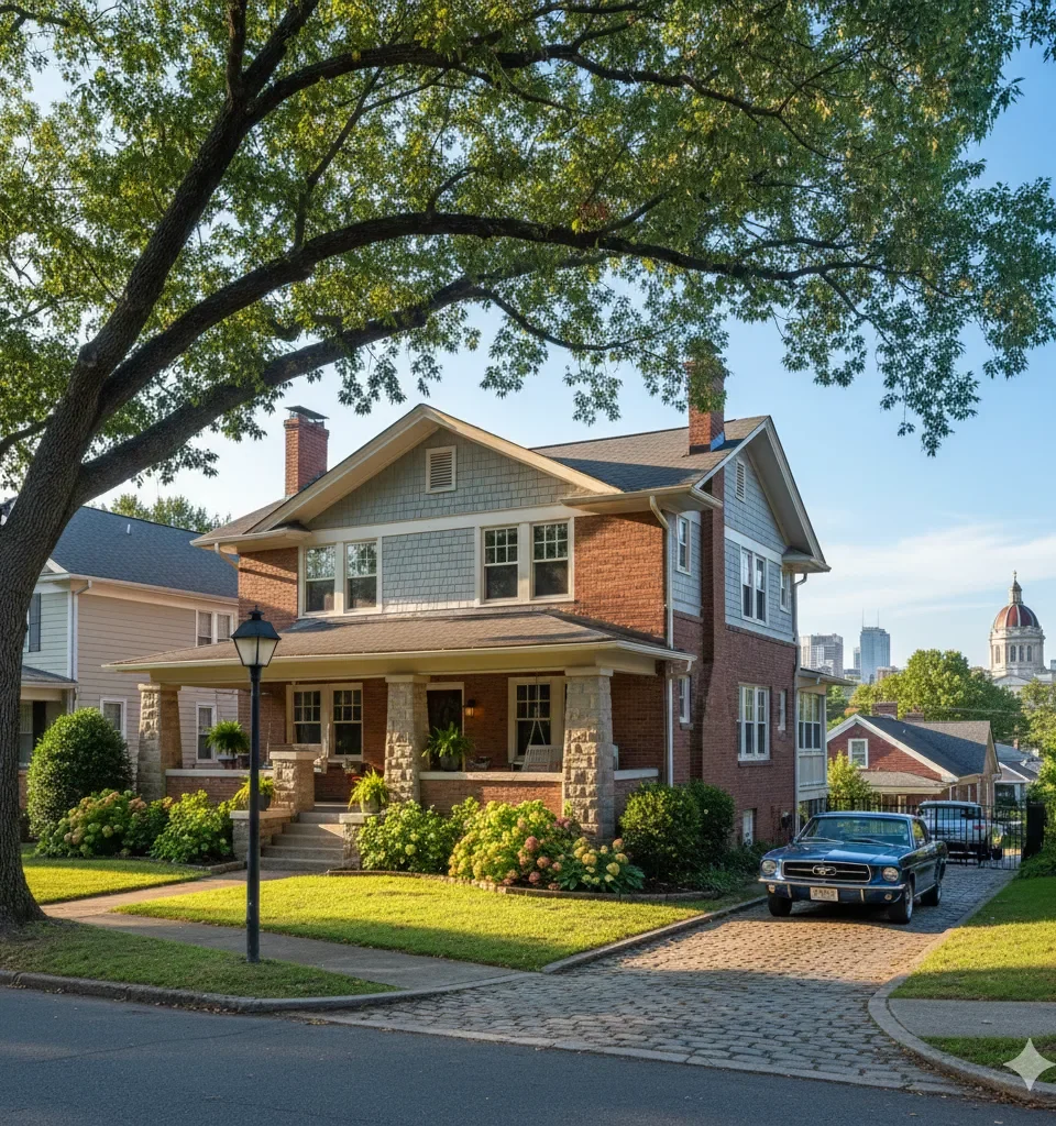 A Kirkwood foursquare house with a deep front porch behind a mature front garden