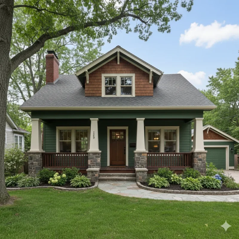 Green shingled craftsman bungalow with tapered columns and a deep porch
