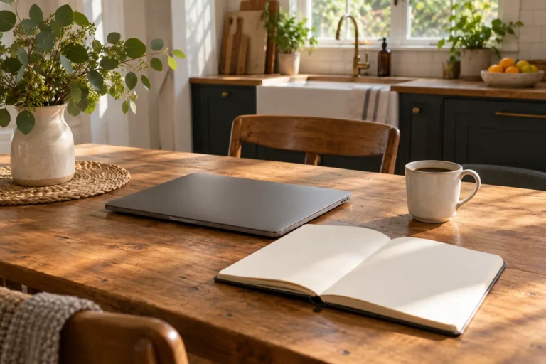 A kitchen table in natural window light with a closed laptop, an open blank notebook, a coffee cup and a vase of eucalyptus