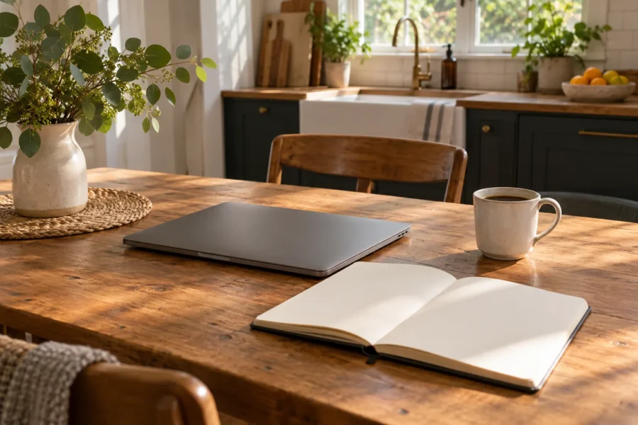 A kitchen table in natural window light with a closed laptop, an open blank notebook, a coffee cup and a vase of eucalyptus