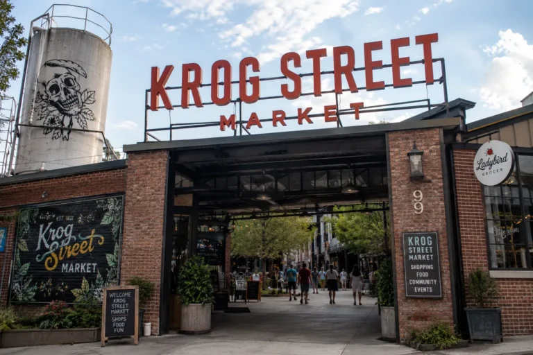 The entrance to Krog Street Market with its painted sign and water tower