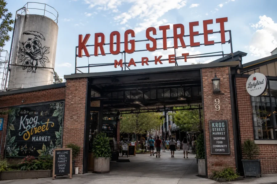 The entrance to Krog Street Market with its painted sign and water tower