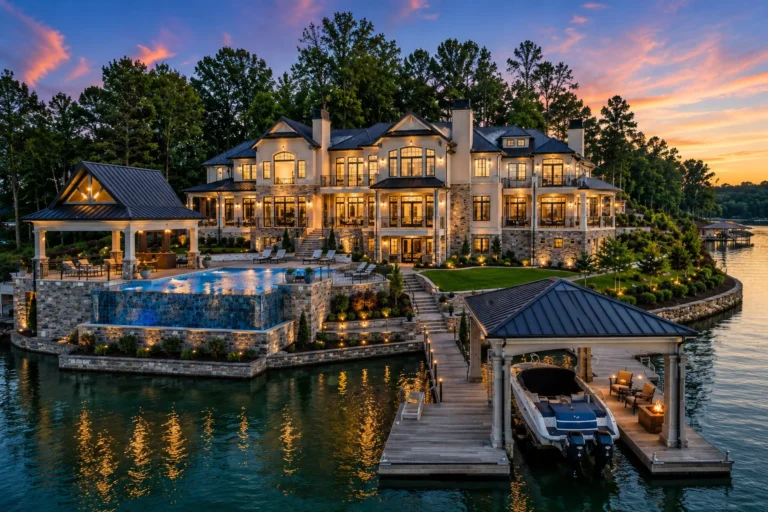 Lakefront estate lit at dusk with an infinity pool and a boat at the dock