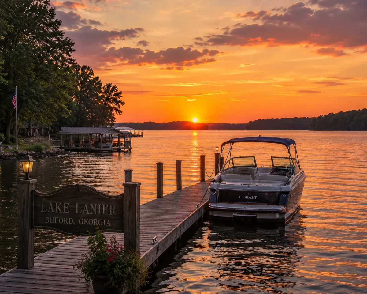 Sunset over the lake with a boat moored at a private dock