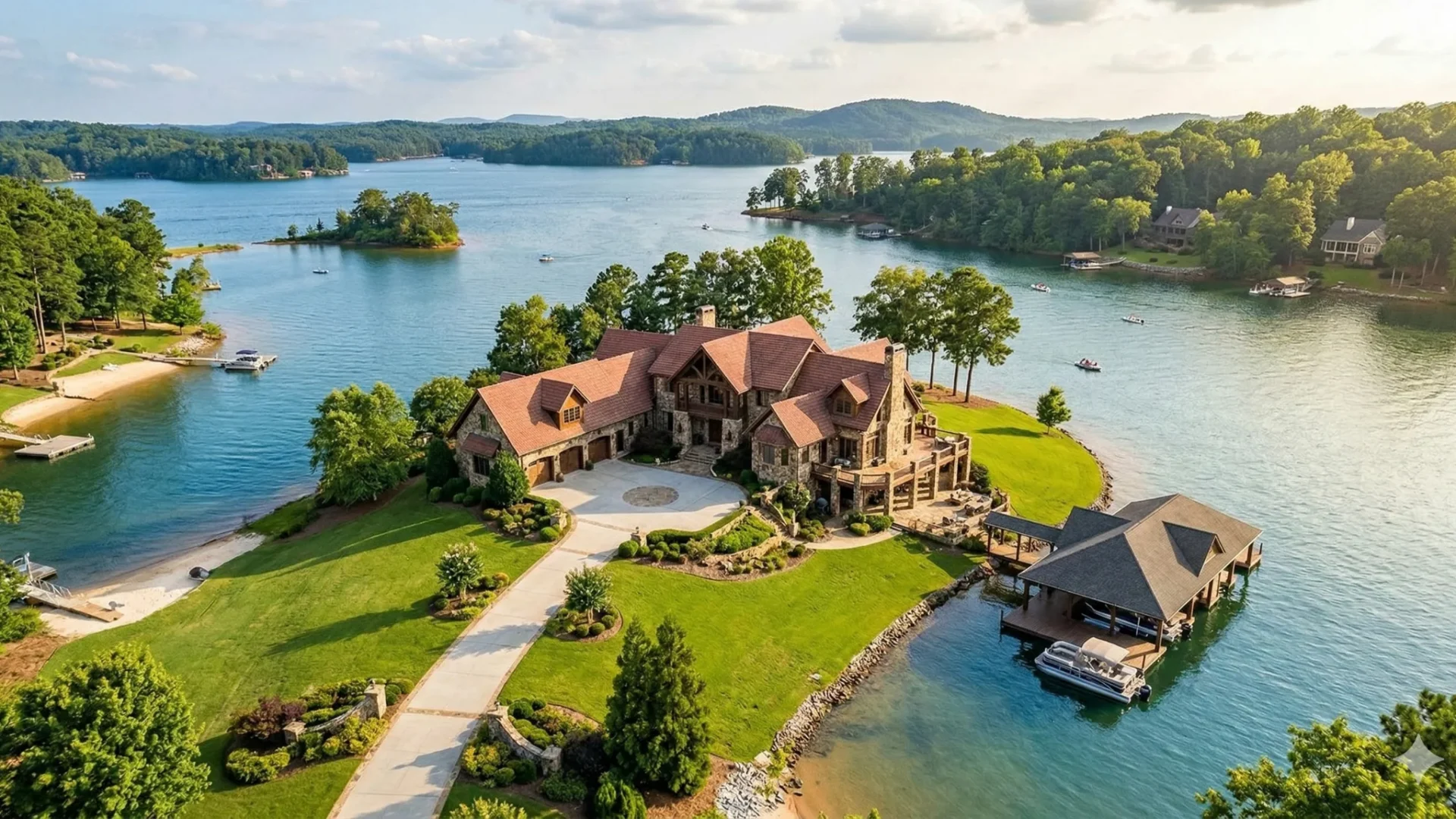 A lakefront stone house on a wooded peninsula with a covered boat dock
