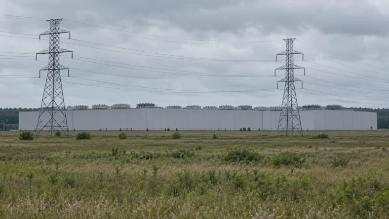A very large low windowless industrial building with rooftop cooling units stretching across the edge of an open rural field, with high voltage transmission towers and lines in the foreground under an overcast sky