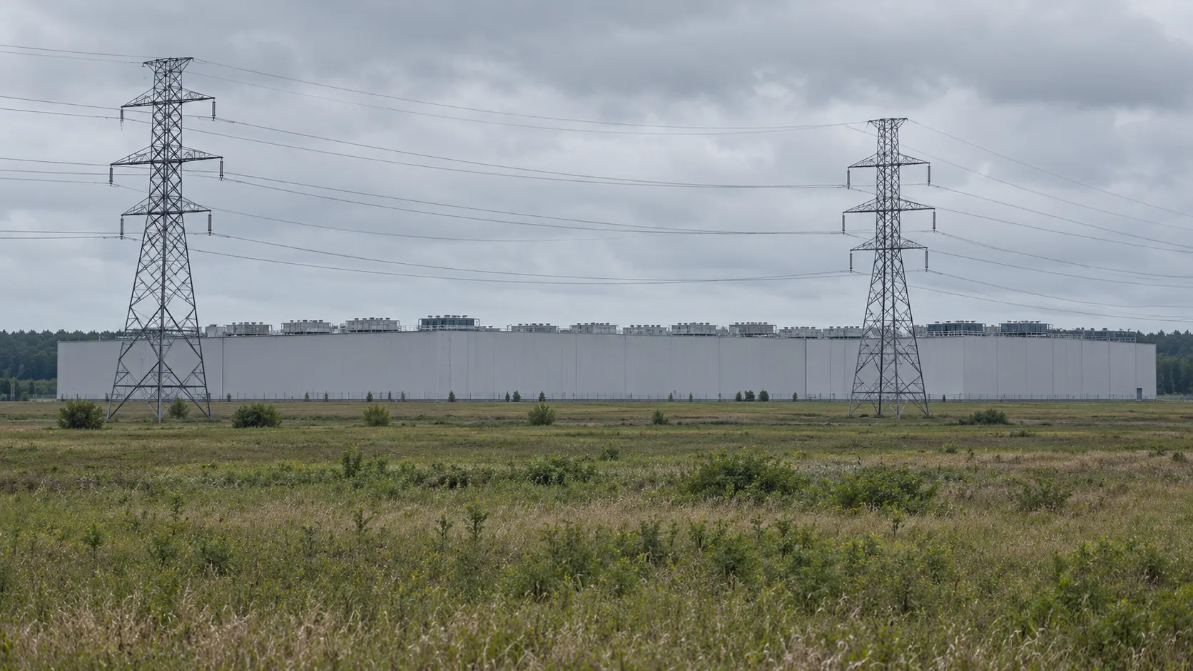 A very large low windowless industrial building with rooftop cooling units stretching across the edge of an open rural field, with high voltage transmission towers and lines in the foreground under an overcast sky