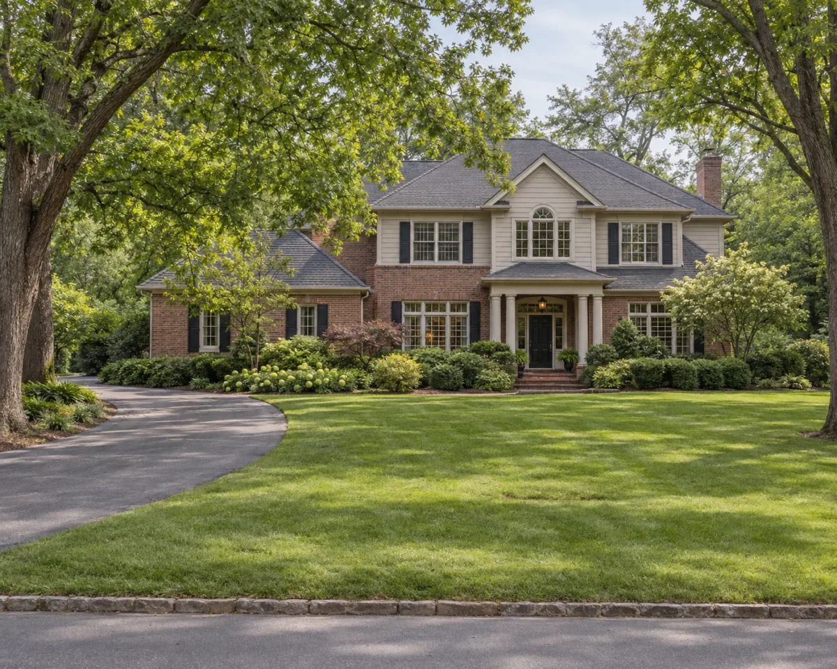 A large established brick and painted house on a generous lot with mature hardwoods, clipped hedging and a curved drive in soft daylight