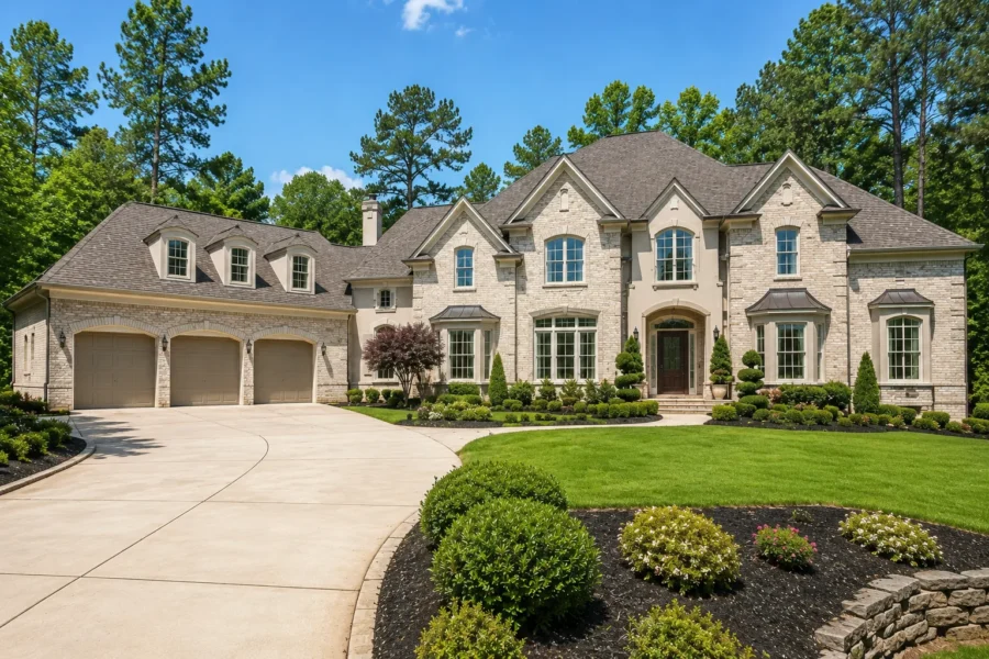 A large stone and stucco two-storey house with multiple gables and a three-car garage