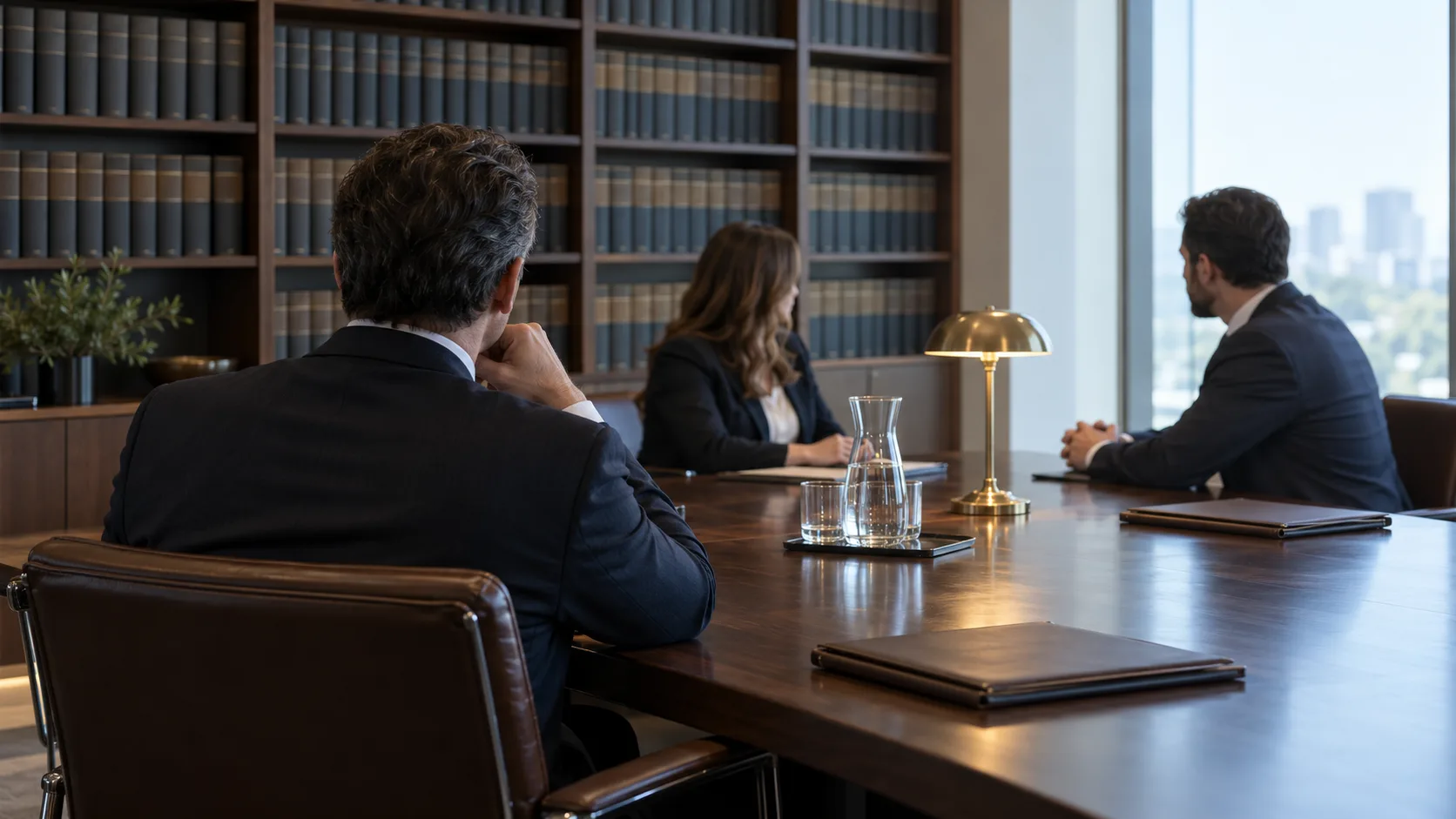 A law office conference room seen from behind one seated attendee, with two others across a long dark wood table, shelves of plain unlettered bound volumes behind and a brass lamp and water carafe on the table
