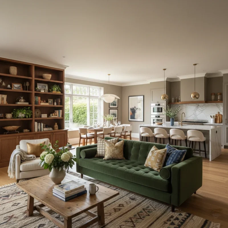 A living room with built in bookshelves and a green sofa, opening onto a dining area and kitchen