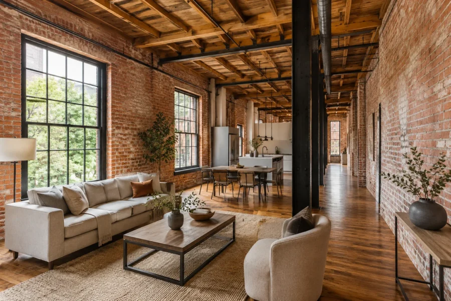 A loft living room with exposed brick, a timber ceiling and tall factory windows