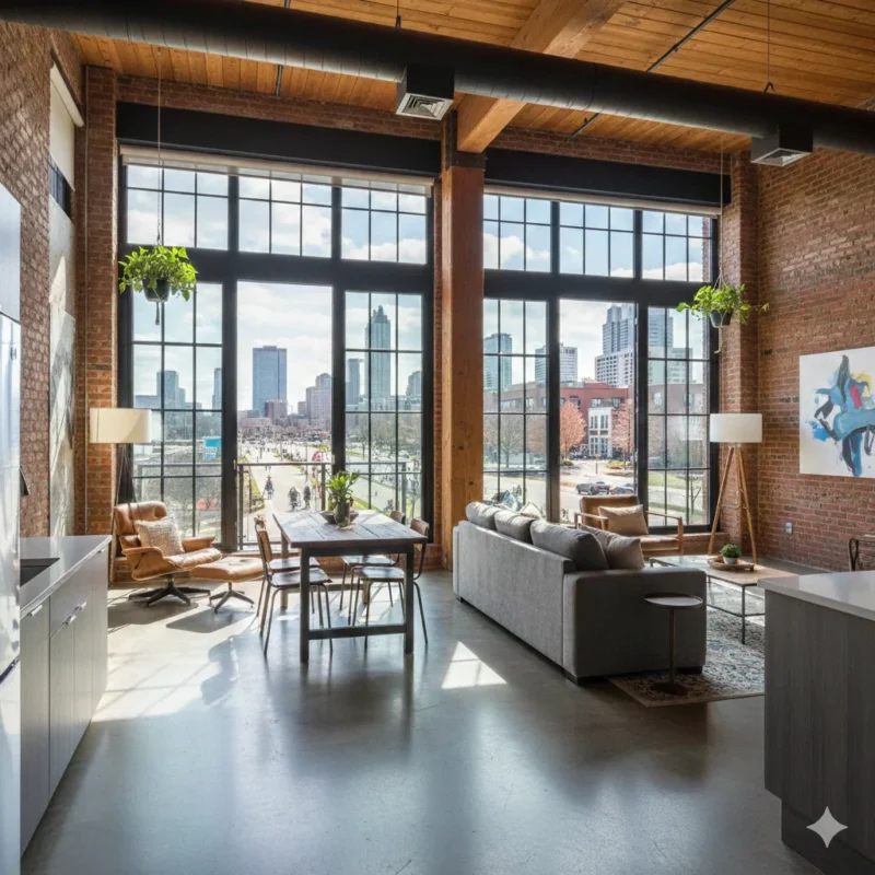 A loft interior with brick walls, a timber ceiling and a skyline view