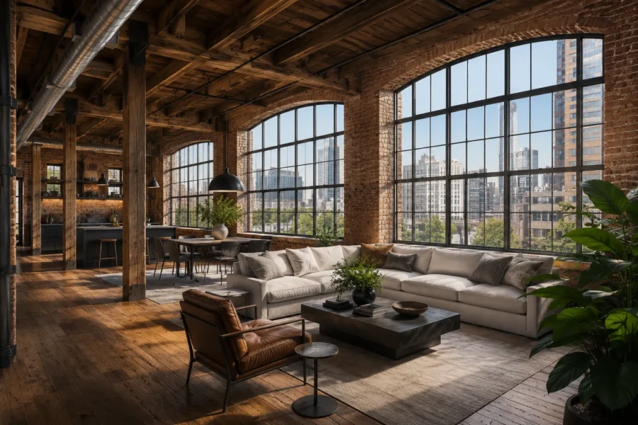 A loft living room with exposed brick, timber beams and tall arched factory windows