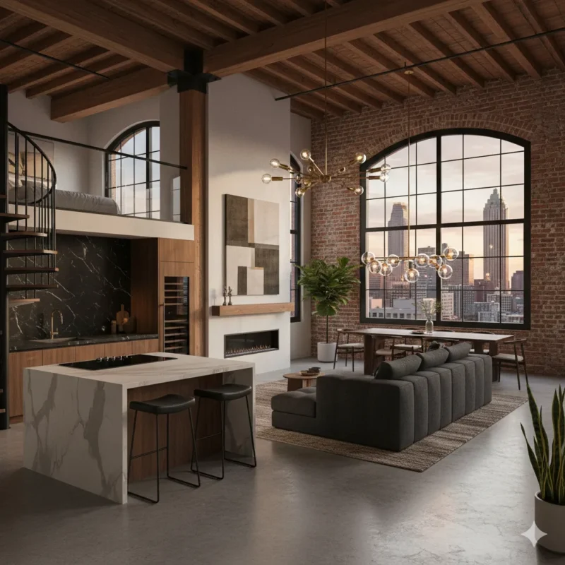 A loft with exposed brick, tall arched windows and a black spiral stair