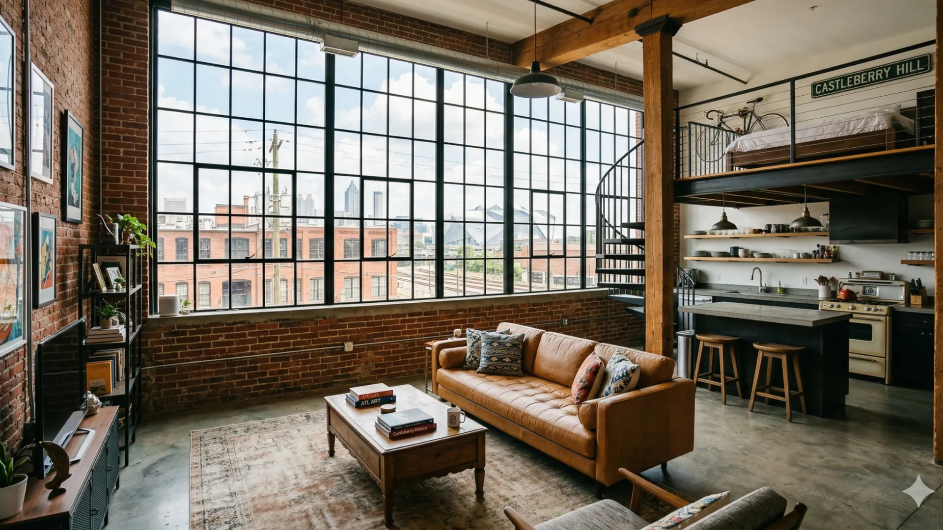 A loft interior with exposed brick, a mezzanine and tall factory windows