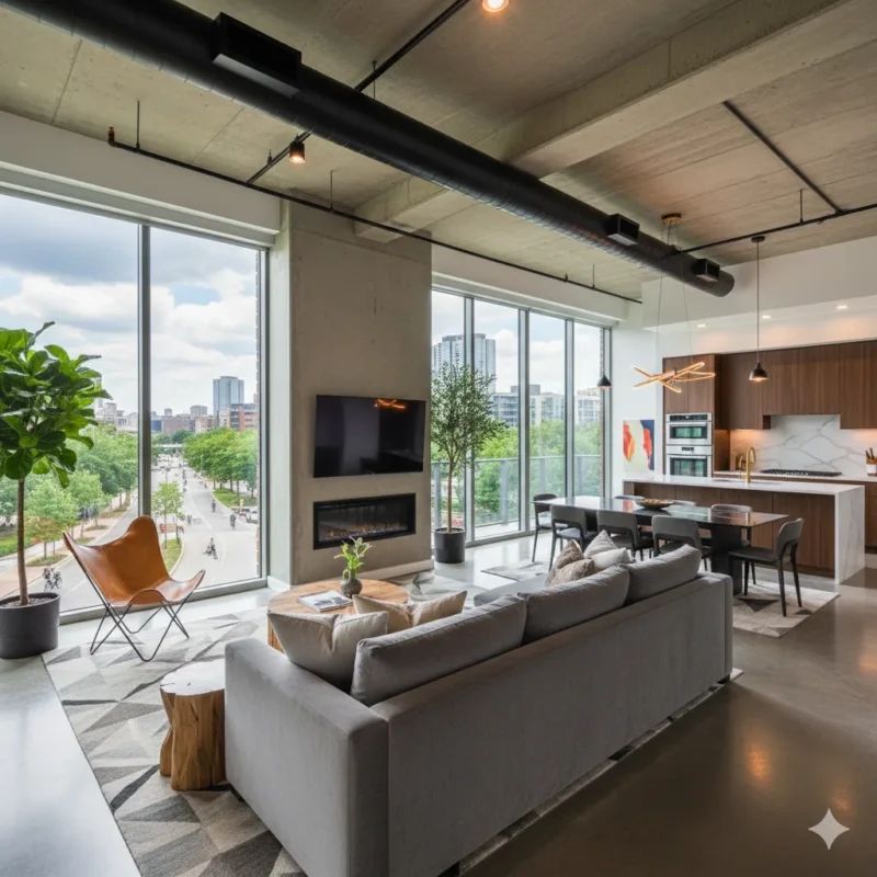 A loft kitchen with track lighting and floor-to-ceiling windows onto the street