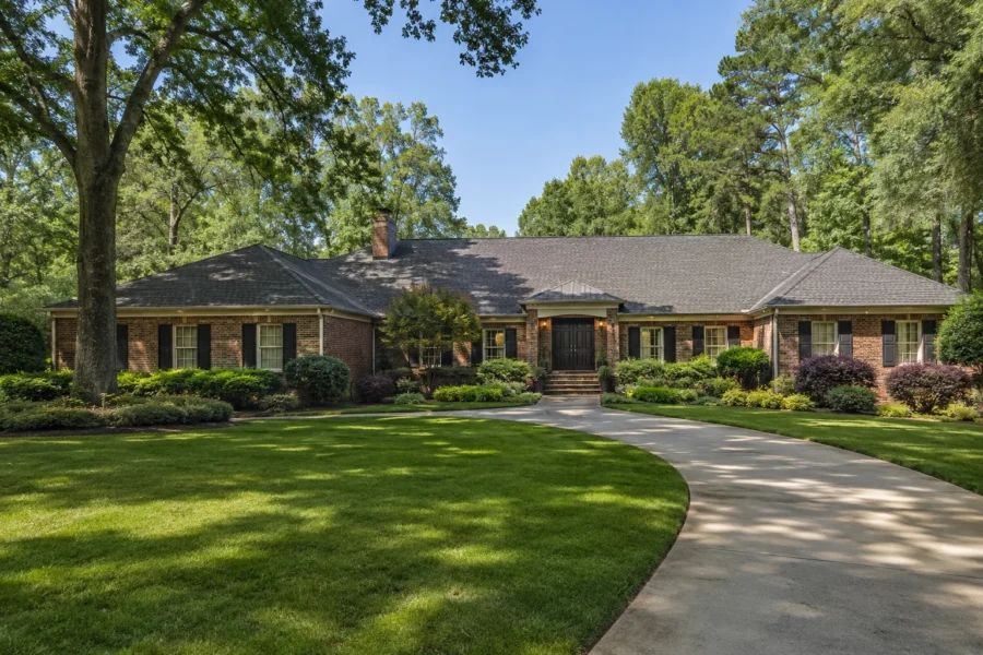 A long brick ranch house behind a curved drive and a wide front lawn