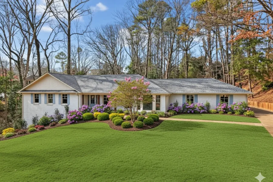 A long white ranch house behind a wide sloping lawn