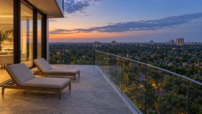 The private terrace of a high floor luxury condominium with stone paving, a frameless glass balustrade and two lounge chairs, looking out at dusk over a leafy district of heavy tree canopy and scattered distant towers