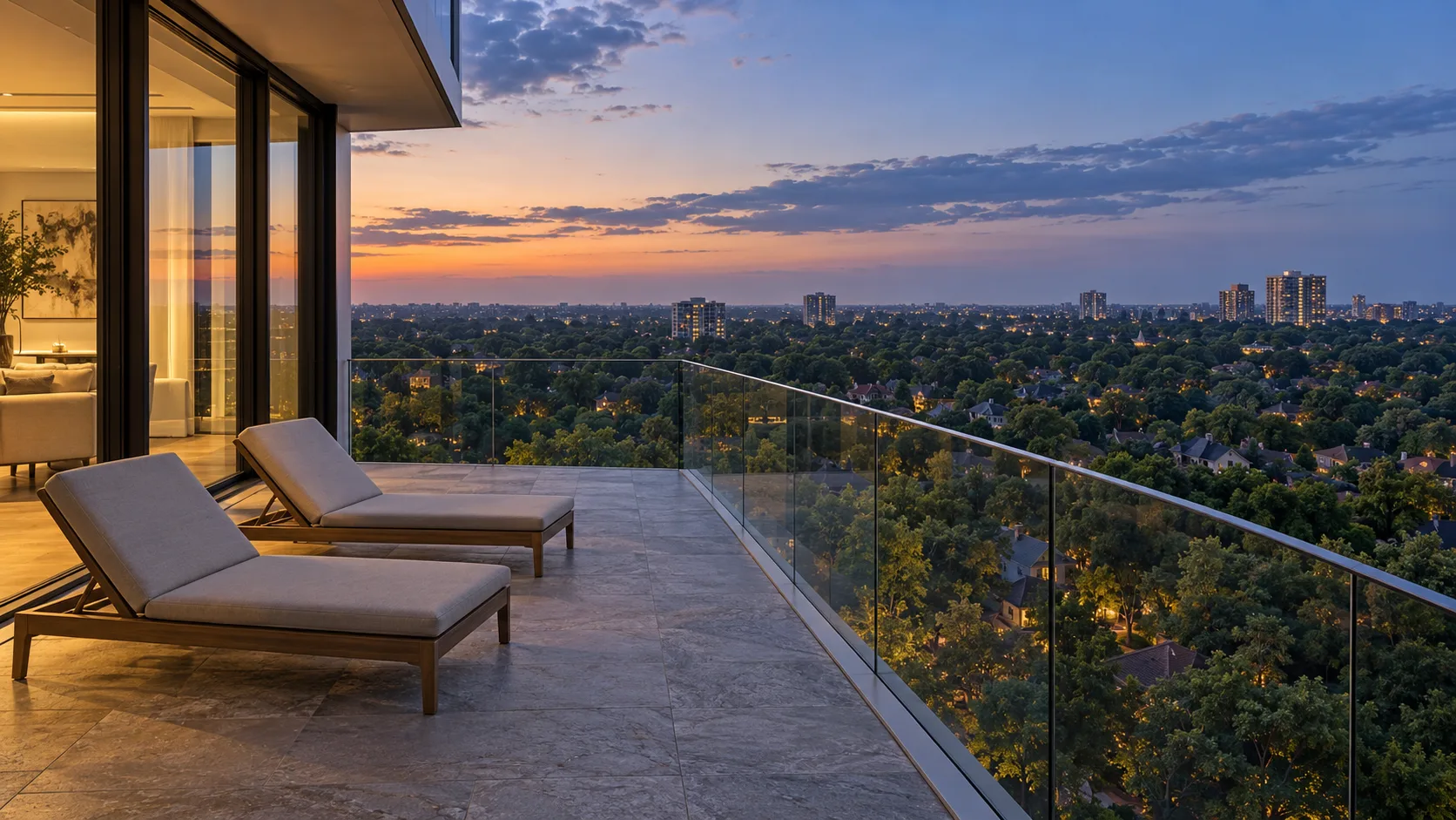 The private terrace of a high floor luxury condominium with stone paving, a frameless glass balustrade and two lounge chairs, looking out at dusk over a leafy district of heavy tree canopy and scattered distant towers