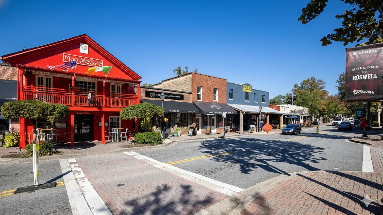 A small town main street with a red two storey building and shopfronts