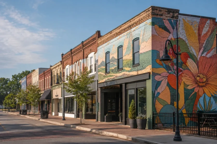 A row of brick storefronts along a main street with a large painted floral mural at the end